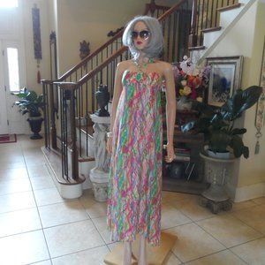 New Lilly Pulitzer 100% Silk Multi-Color Strapless Maxi W/Necklace Detail Size 0